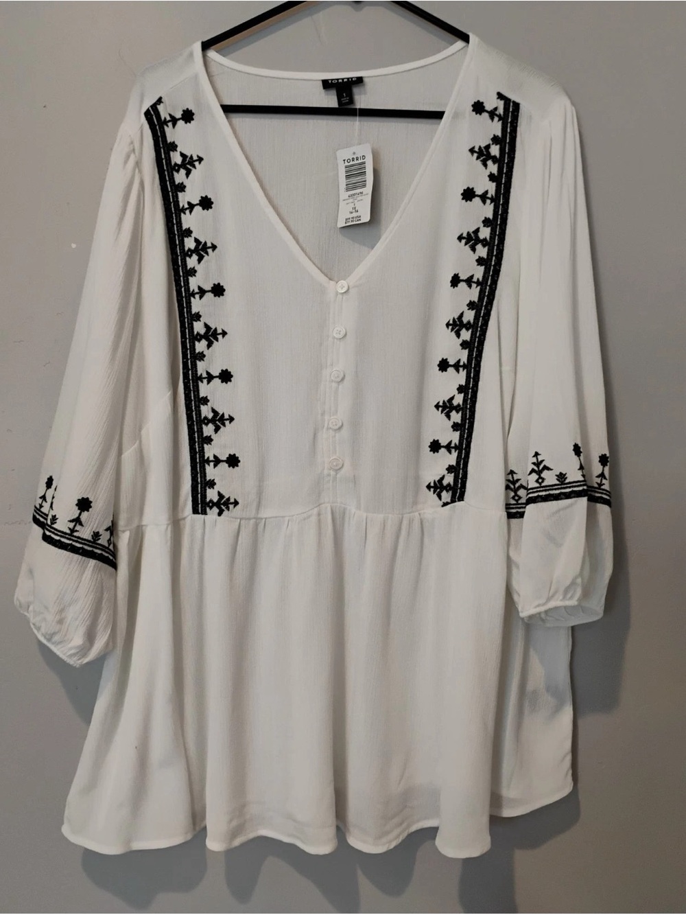 torrid White Peasant Tunic with Black Embroidery